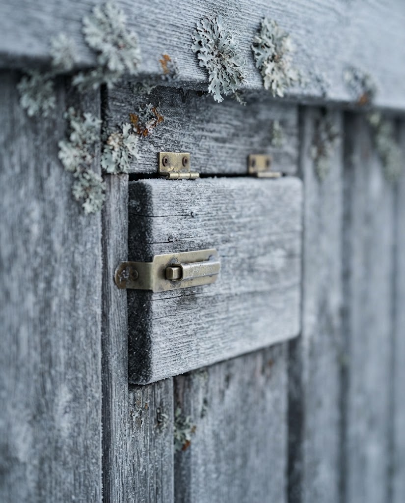Artist's impression of a detail of a planned hide: grey weathered timber, a brass latch on the viewing shutter and a light frost