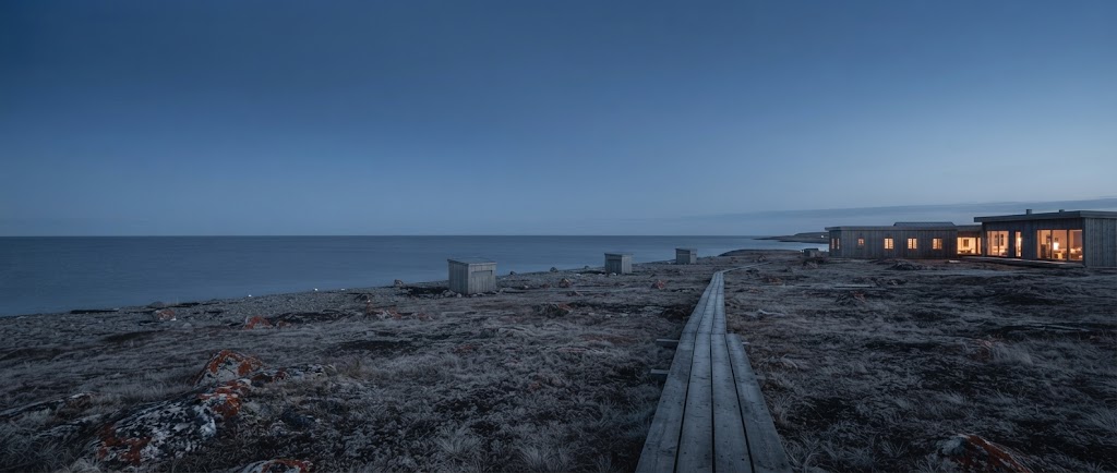 Artist's impression of the shore at blue hour, with the warm windows of the planned resort to the right