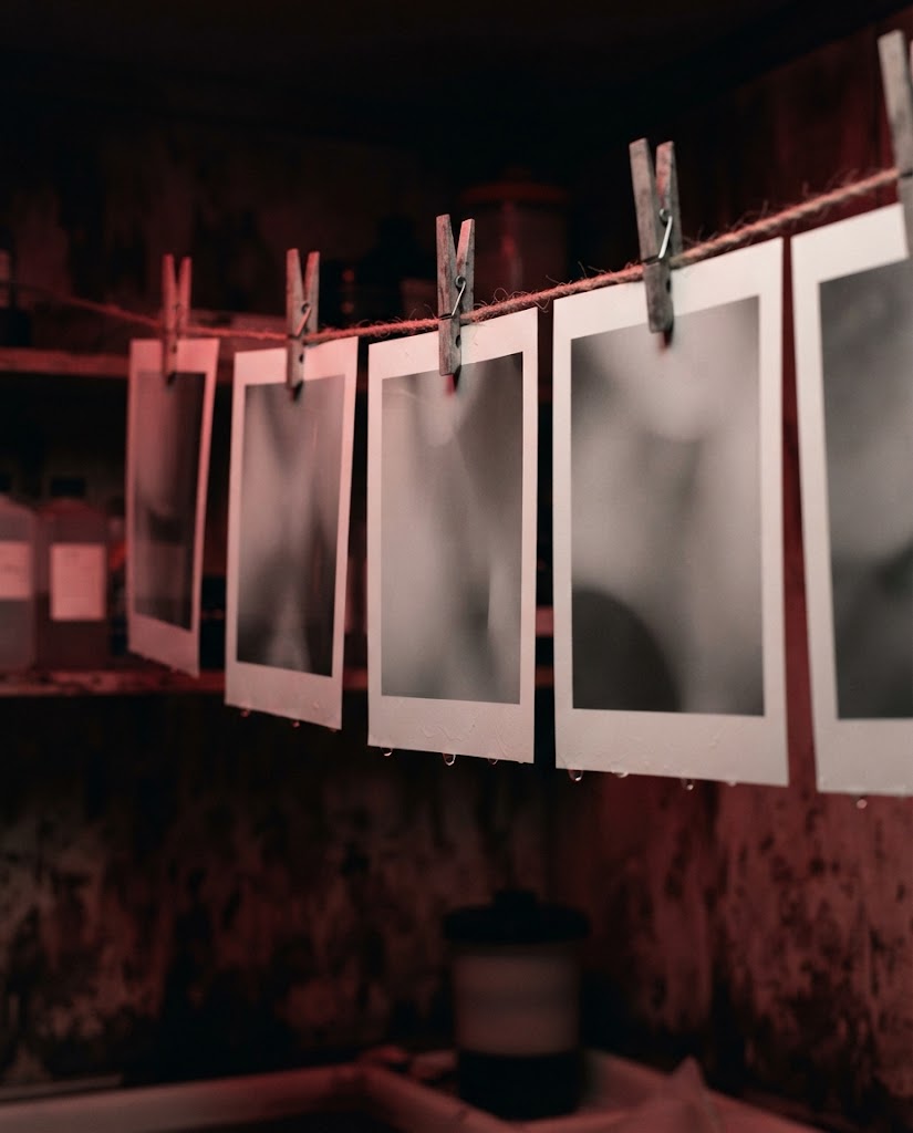 Artist's impression of prints drying on a line with wooden pegs, the images soft and abstract