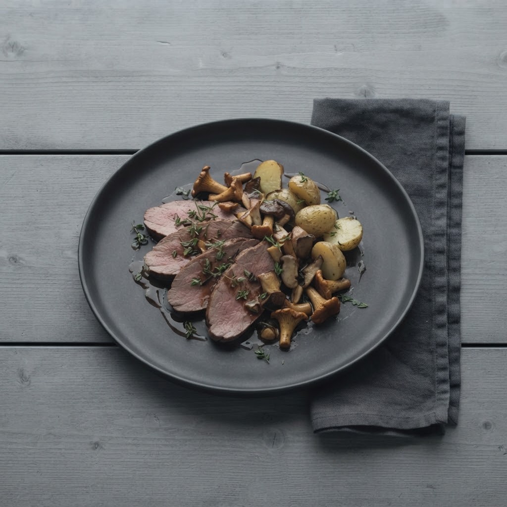Artist's impression of a planned dish: reindeer with mushrooms and potatoes
