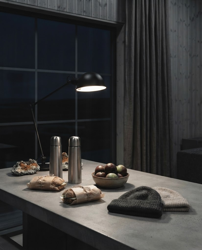 Artist's impression of flasks and wrapped sandwiches set out on a table in the dark before a morning in the hides