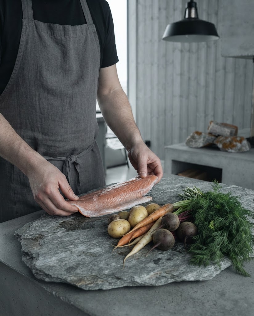 Artist's impression of the planned open kitchen: a cook's hands preparing fish and root vegetables on a steel counter