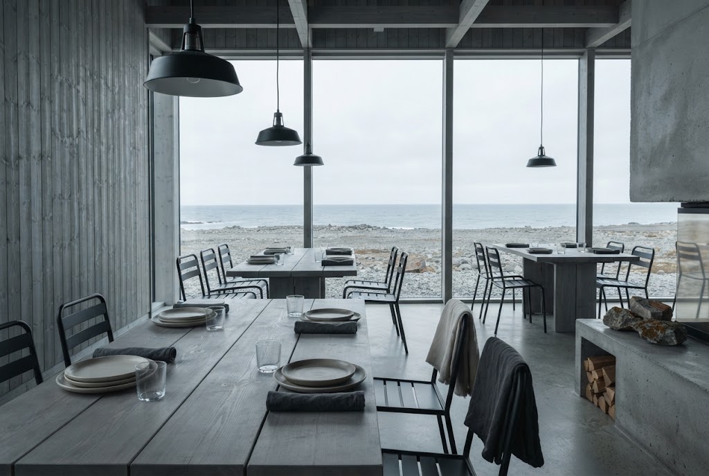 Artist's impression of the planned restaurant: long timber tables and panoramic windows facing the sea