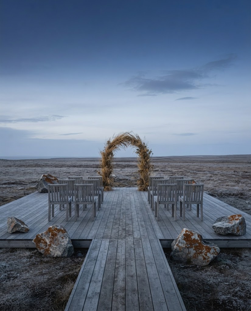 Artist's impression of chairs set out for a ceremony on a timber deck on the tundra, with no one present