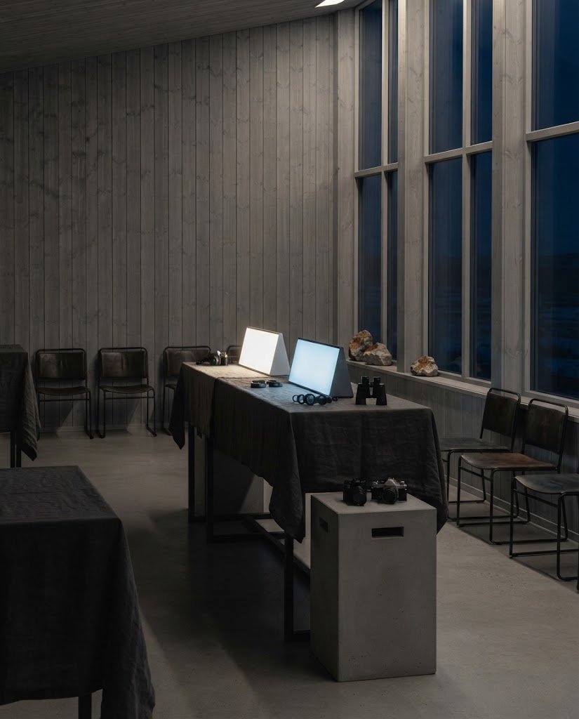 Artist's impression of a reception in the planned viewing room, with light panels and high tables