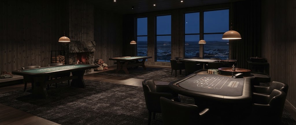 Artist's impression of the planned hotel casino lounge, empty: dark timber, green baize tables, warm lamps and windows onto the polar night