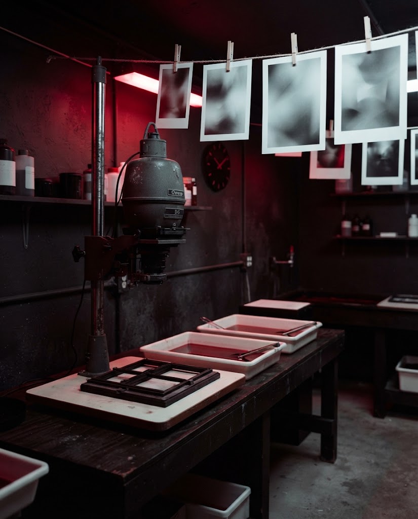 Artist's impression of the planned darkroom under a red safelight, with enlargers, trays and prints drying on a line