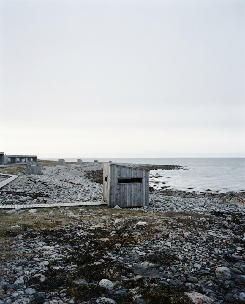 Artist's impression of a planned timber hide on the shore, its narrow viewing slot looking out over the sea