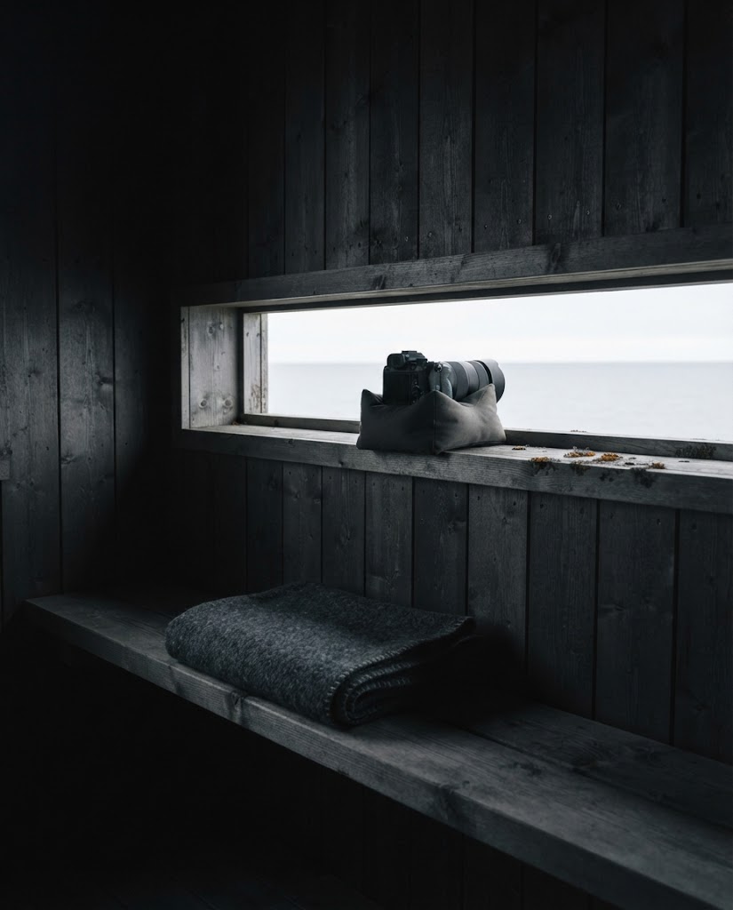 Artist's impression of the inside of a planned hide: a timber bench, a folded wool blanket and a band of light from the viewing slot