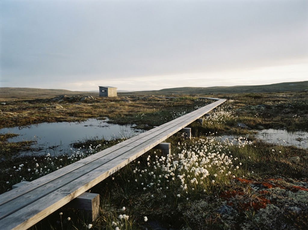 Artist's impression of a planned boardwalk crossing wet tundra towards a hide in early morning light