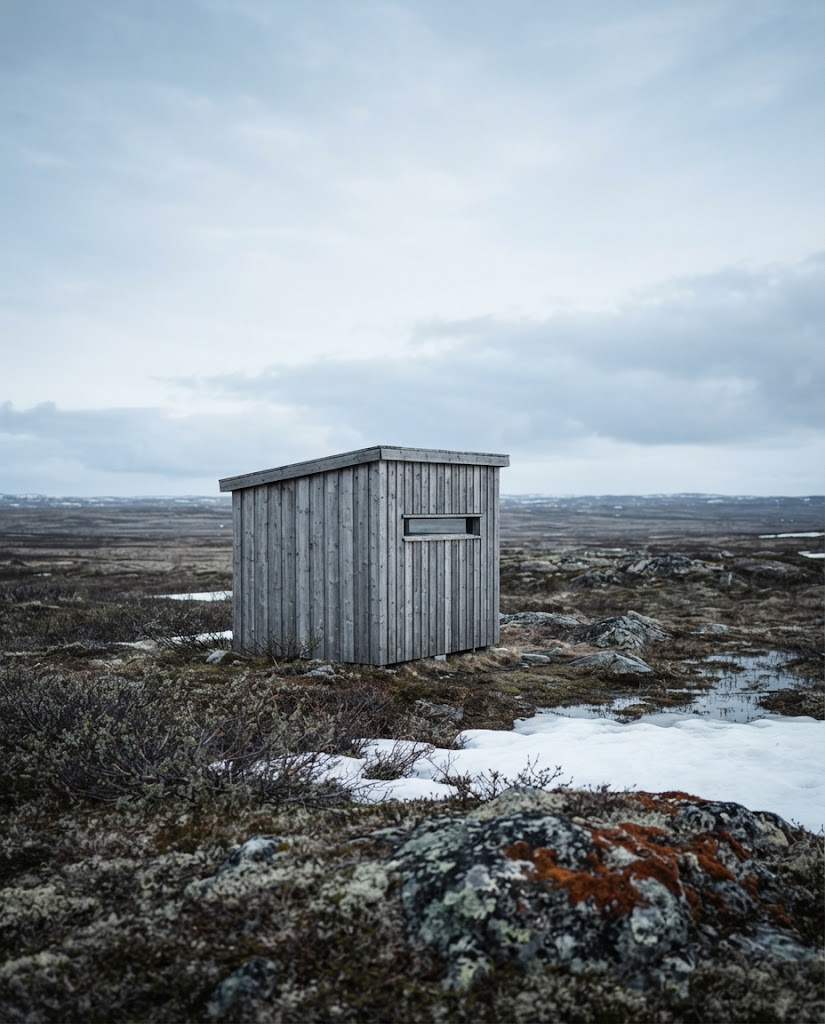 Artist's impression of a planned hide out on the tundra among dwarf birch, with patches of late snow
