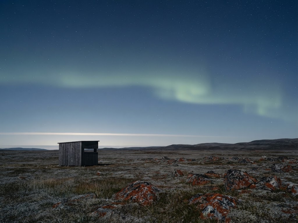Artist's impression of the northern lights over the tundra and a timber hide