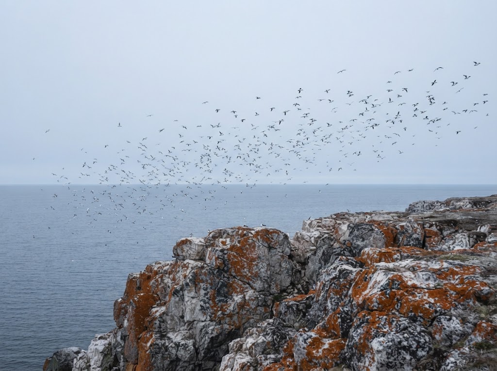 Artist's impression of a flock of seabirds over coastal rocks, seen from a distance
