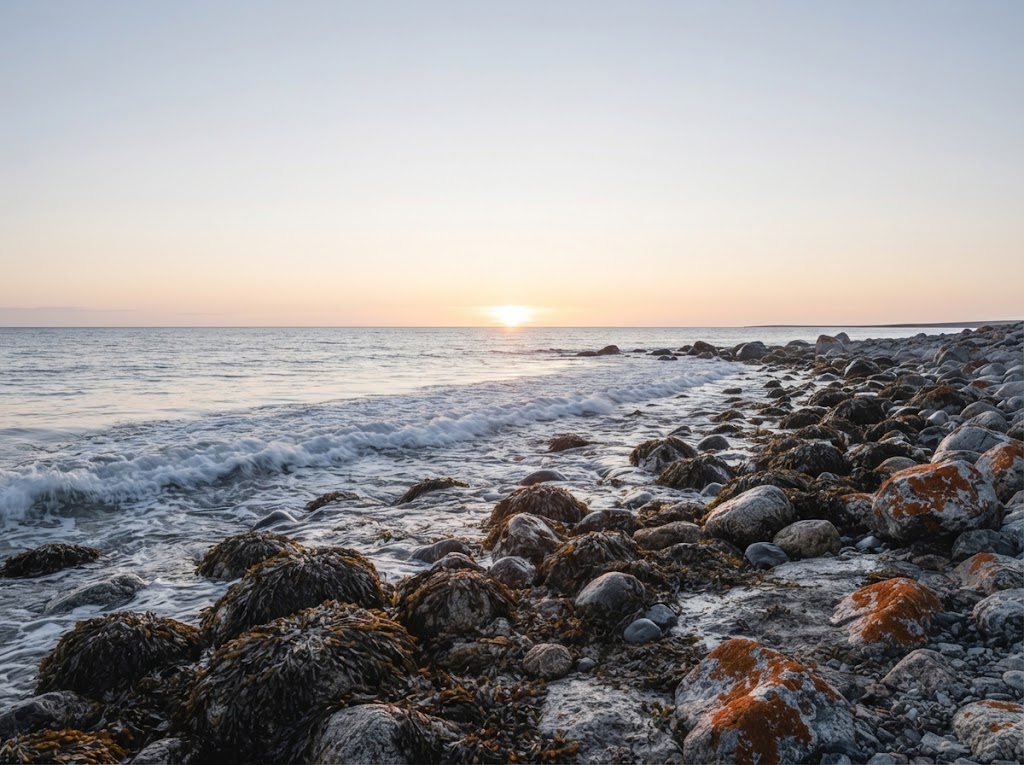 Artist's impression of a stony shore with seaweed, a long swell and low sun