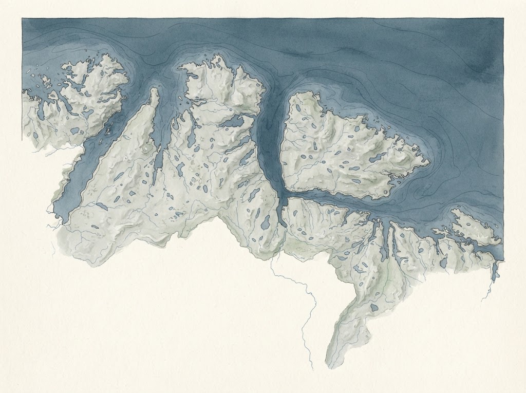 Artist's impression of an illustrated map of the Varanger Peninsula and the surrounding coast, without labels