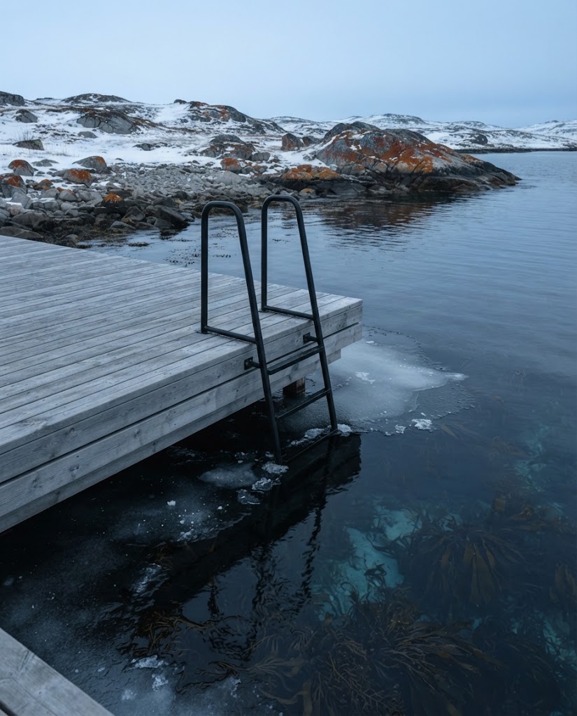 Artist's impression of a ladder leading from a timber deck down into the icy sea